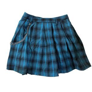 Hot Topic Blue & Black Plaid Pleated Skirt with Chain XS Juniors